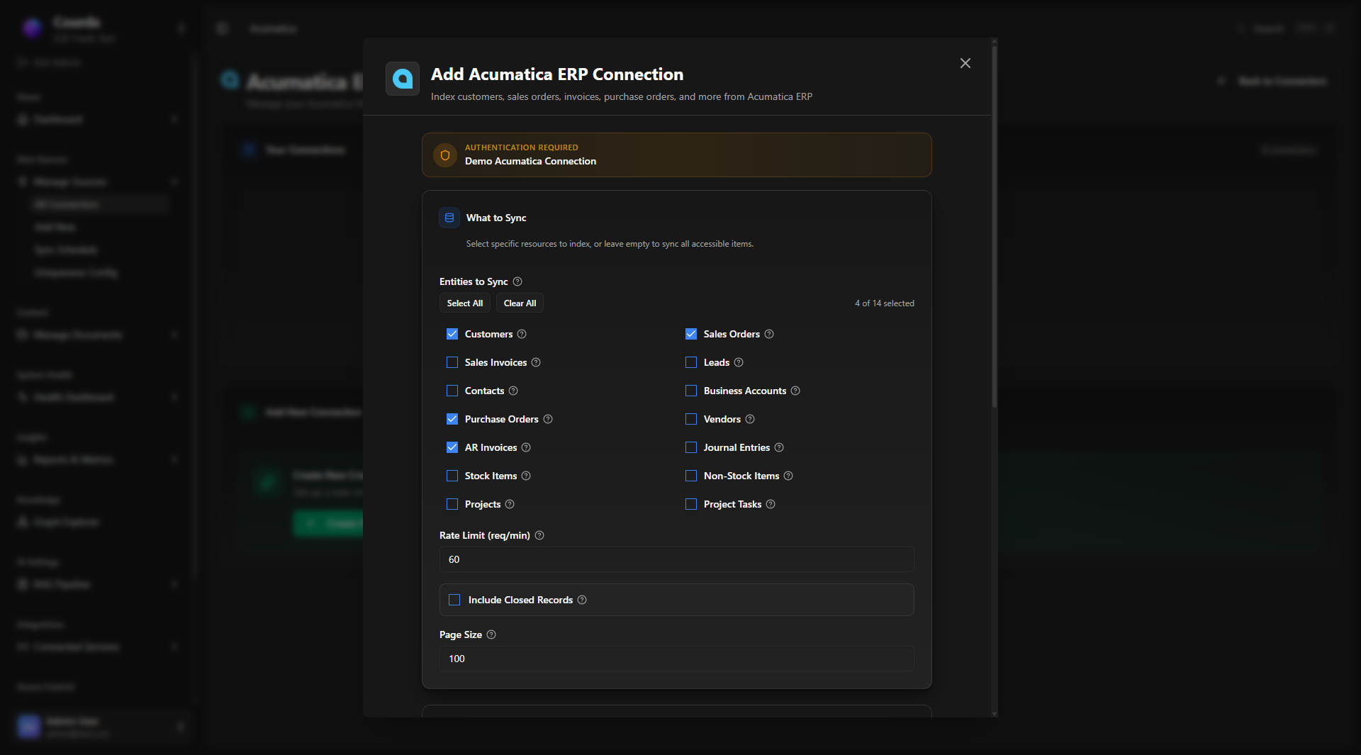 Acumatica ERP entity configuration showing 14 business entities