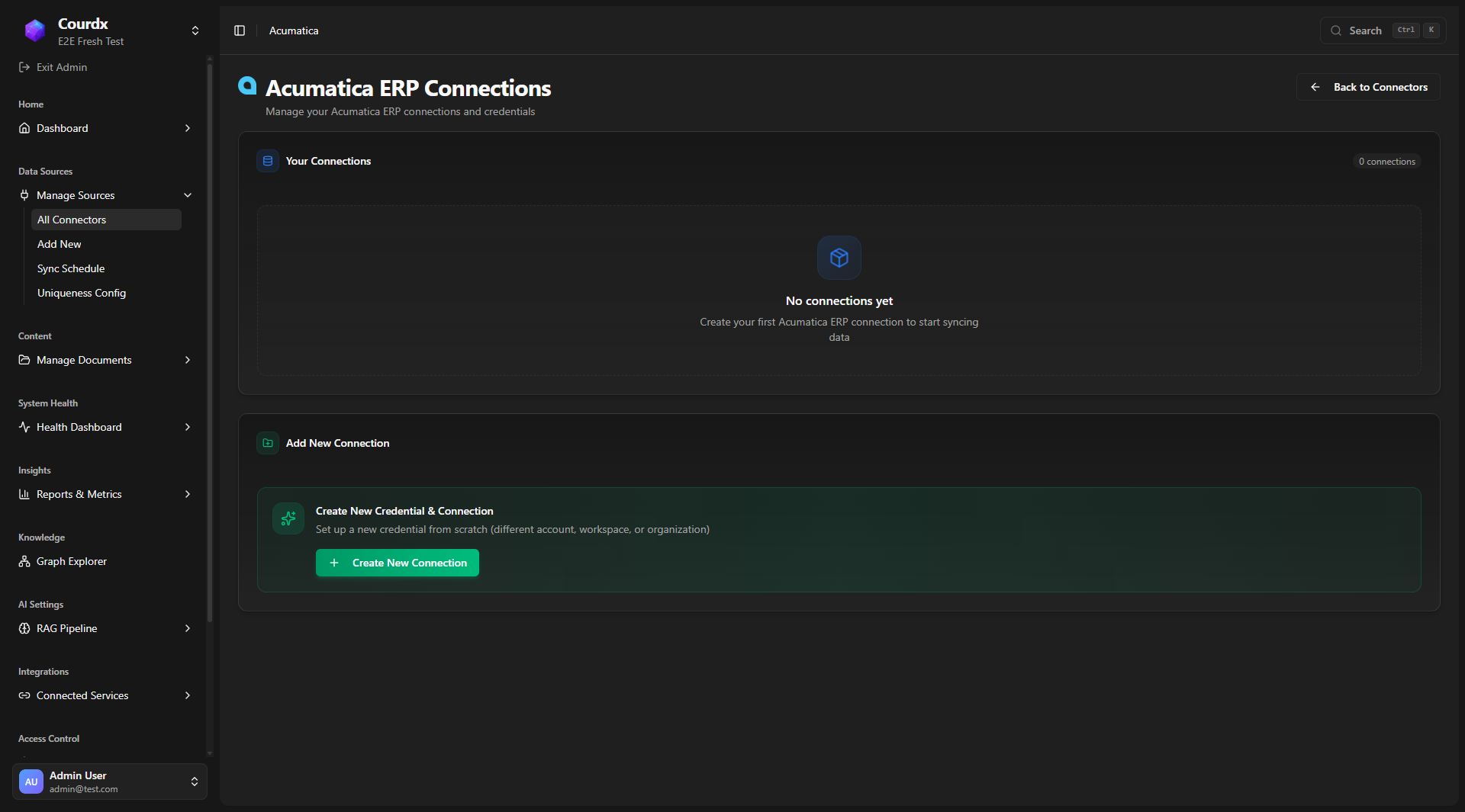 Acumatica ERP connector setup page showing connection management and credential configuration