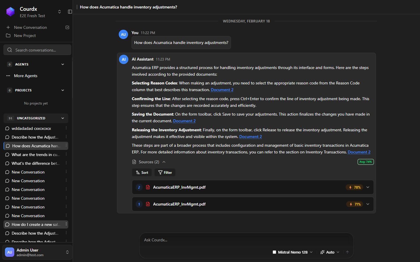 Courdx AI chat interface with inline citations and source confidence scores