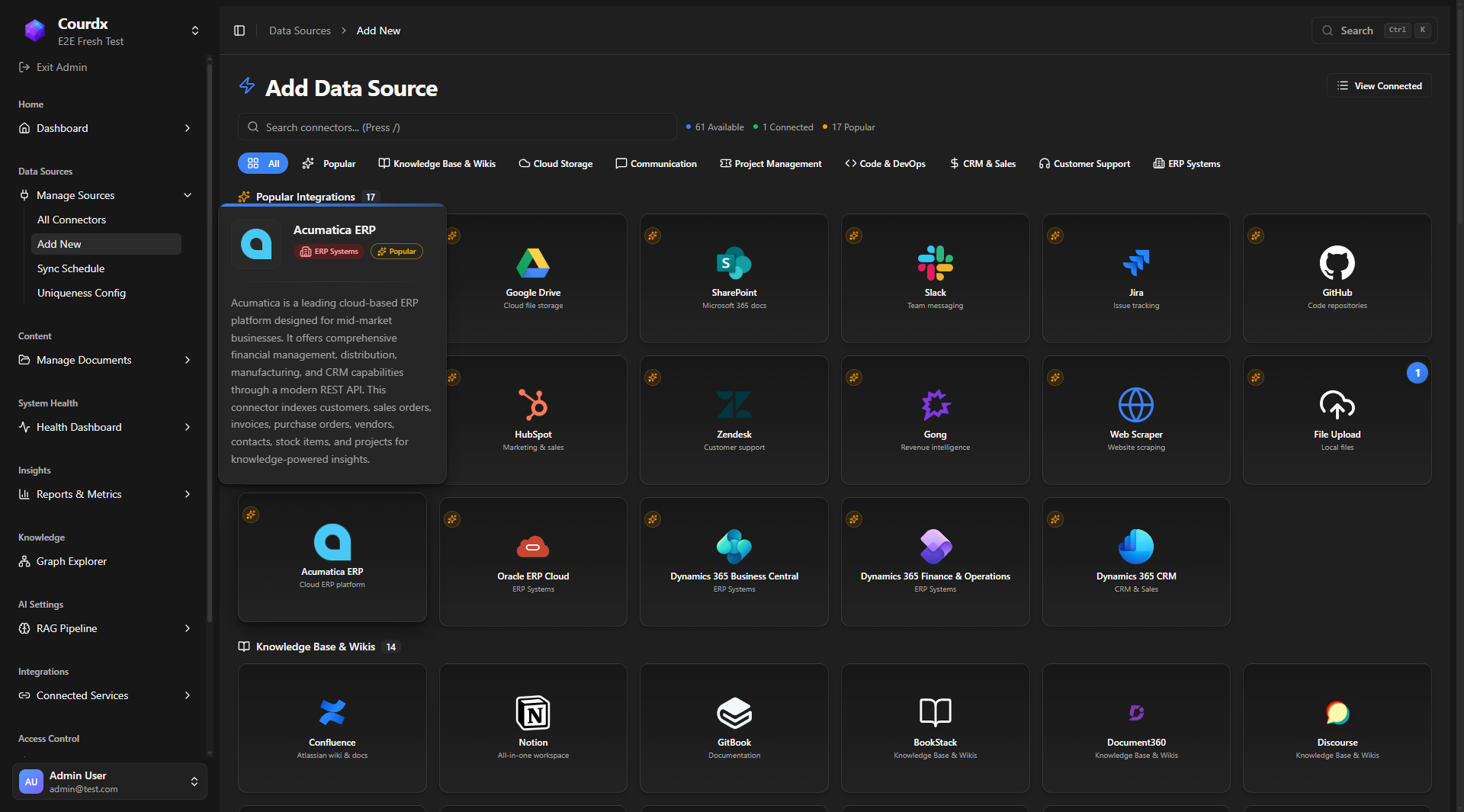Courdx admin panel showing ERP connector catalog with Acumatica, Oracle ERP Cloud, Dynamics 365 Business Central, and Dynamics 365 Finance & Operations